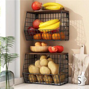 2pcs Fruit Basket Kitchen Storage Basket with Wood Lid, Stackable Wall Basket